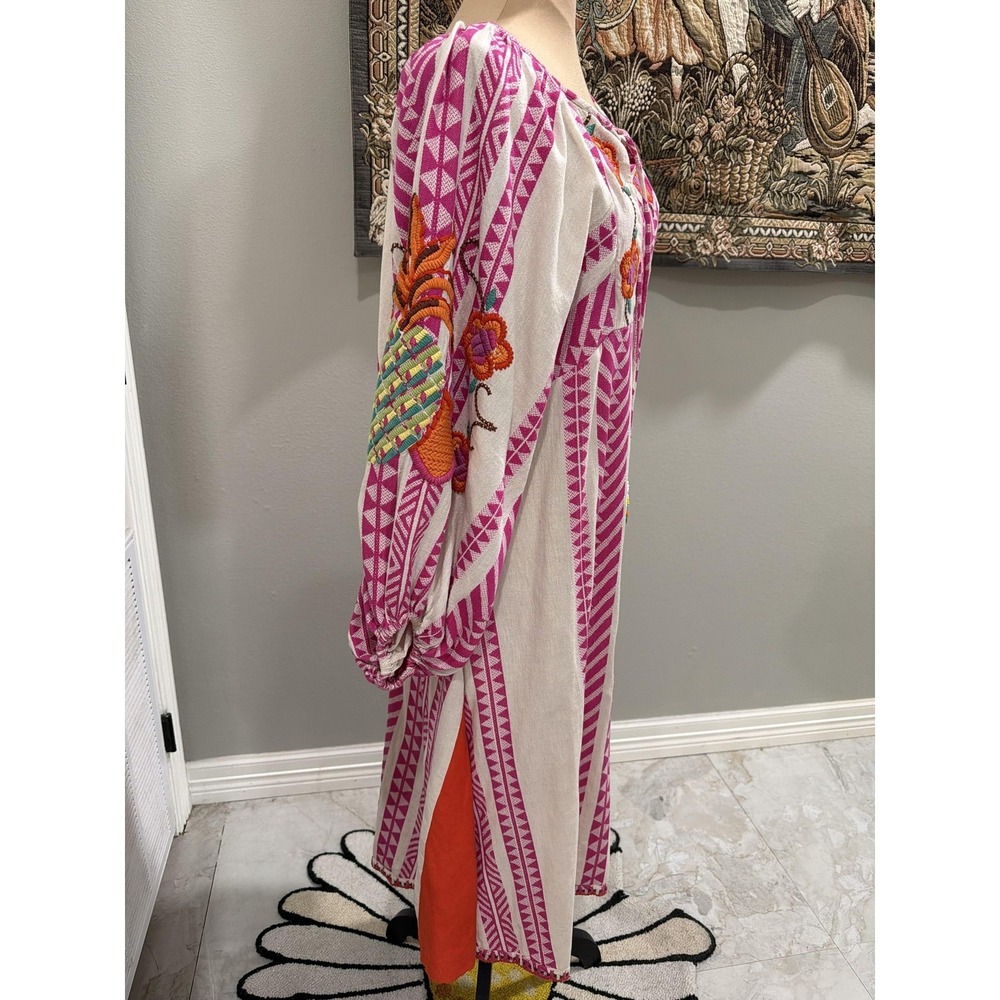 Farm Rio Dress Womens Medium Pink Striped Embroidered Kaftan‎ Maxi Boho - Picture 2 of 11